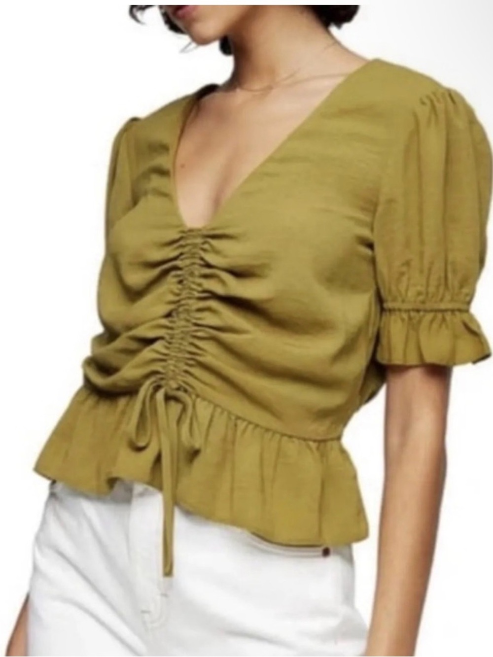 Topshop Olive Ruched V-Neck Puff Sleeve Blouse